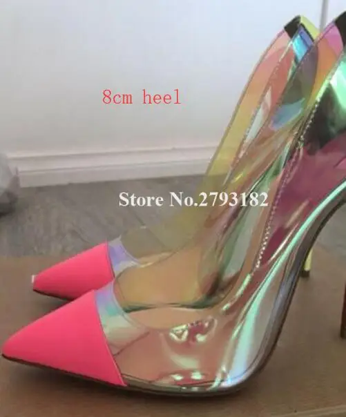 8cm heel Роскошные женские туфли-лодочки из прозрачного ПВХ на шпильке с острым носком; цвет розовый, желтый; обувь на высоком прозрачном каблуке в стиле пэчворк; большие размеры - Цвет: 8cm heel
