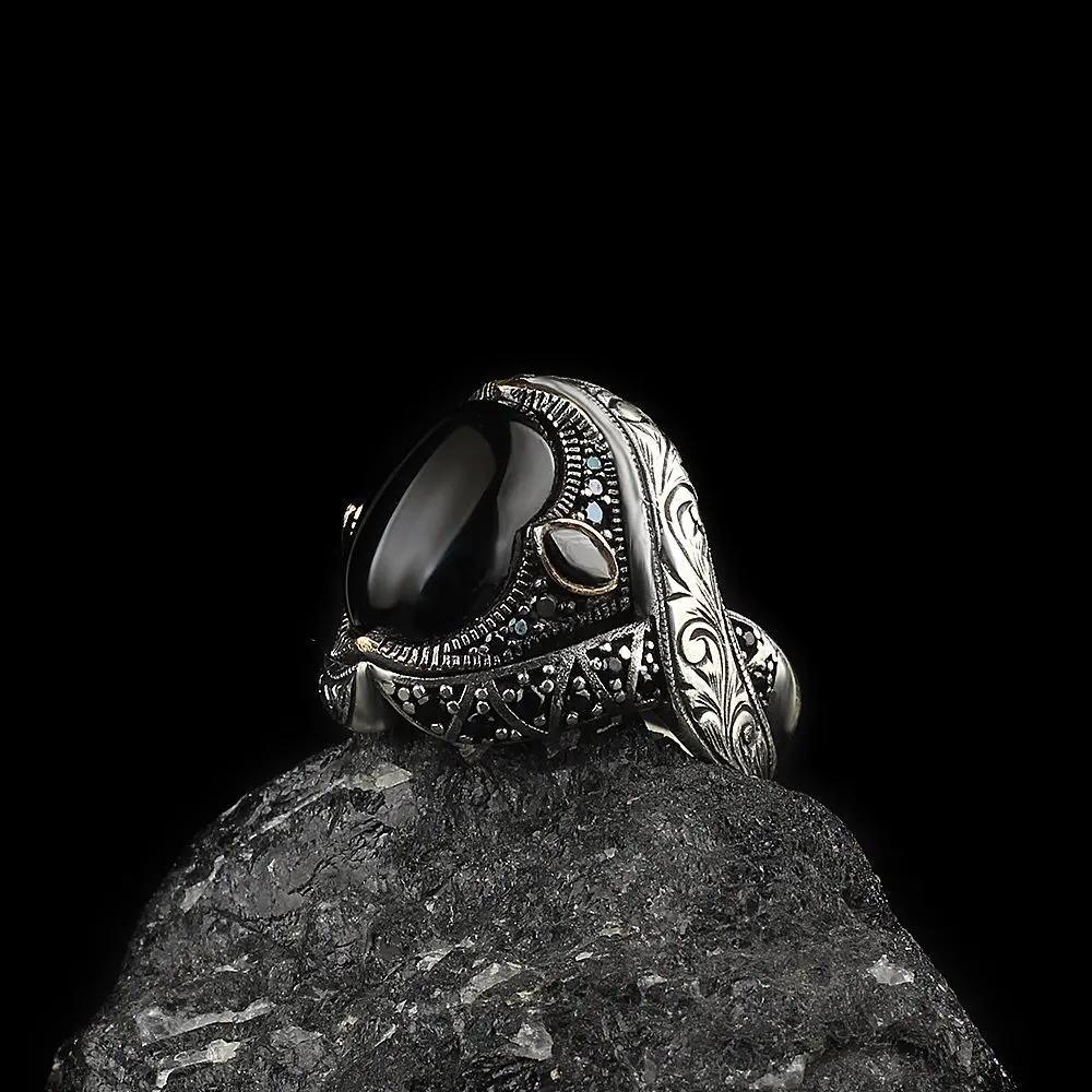 

925 Sterling Silver Men Ring with Real Natural Zircon Onyx Turquoise Stone Antique Vintage Fashion Jewelry Accessory