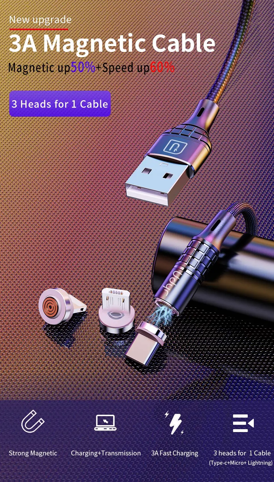 Udyr Магнитный кабель Micro usb type C зарядный кабель для samsung iPhone 7 6 зарядное устройство быстрый Магнитный кабель USB C Шнур адаптер для проводов