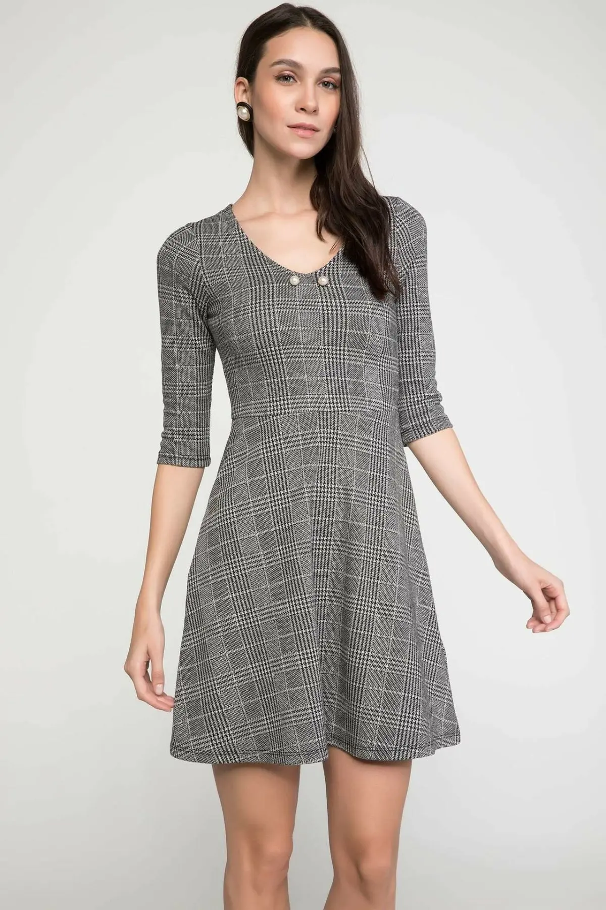 Дефакто Сексуальное Женское клетчатое платье с v образным вырезом для женщин