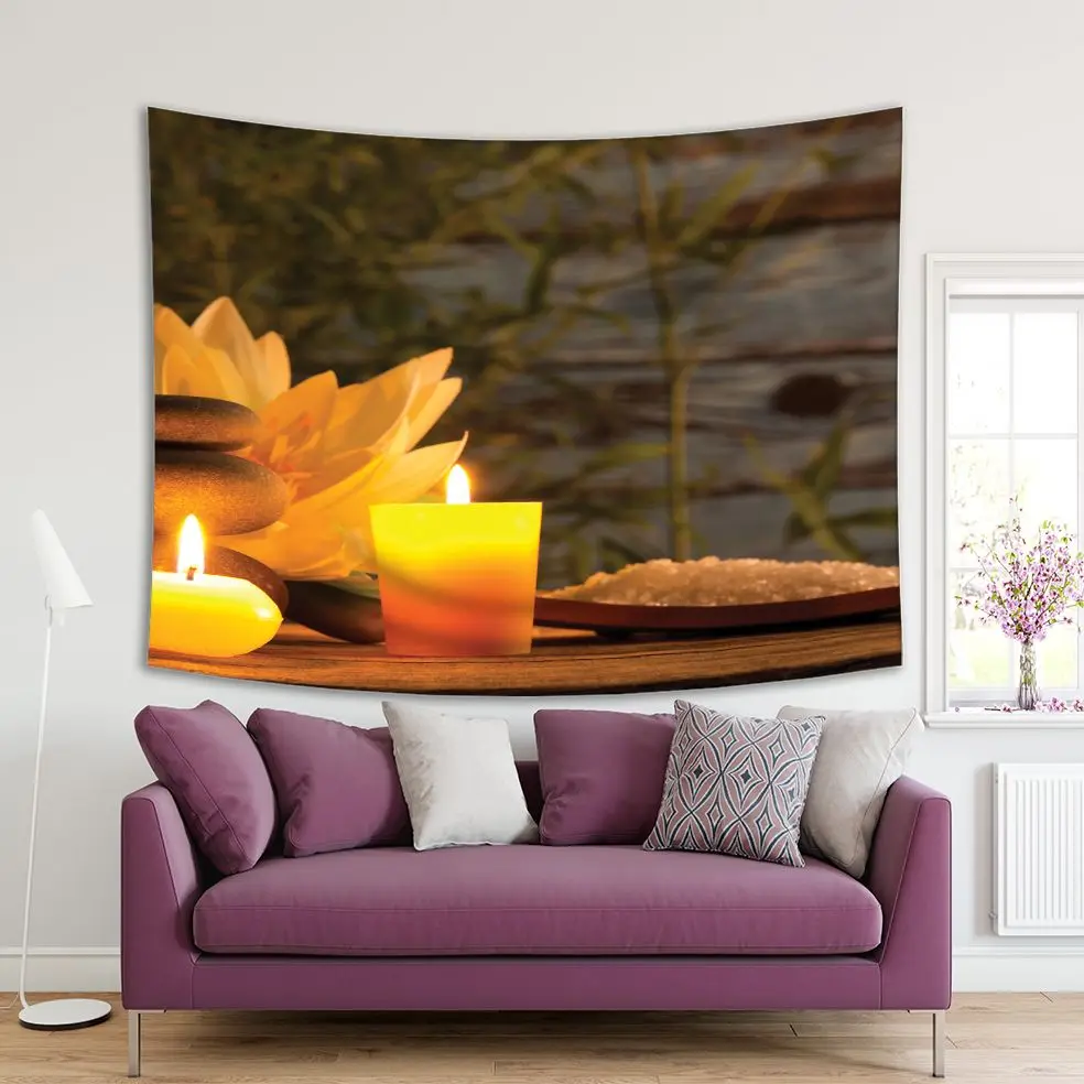 

Tapestry Aromatic Candles Stones Flower Bamboos Relaxing Spa Resort Massage Health Theme Decor Brown Yellow