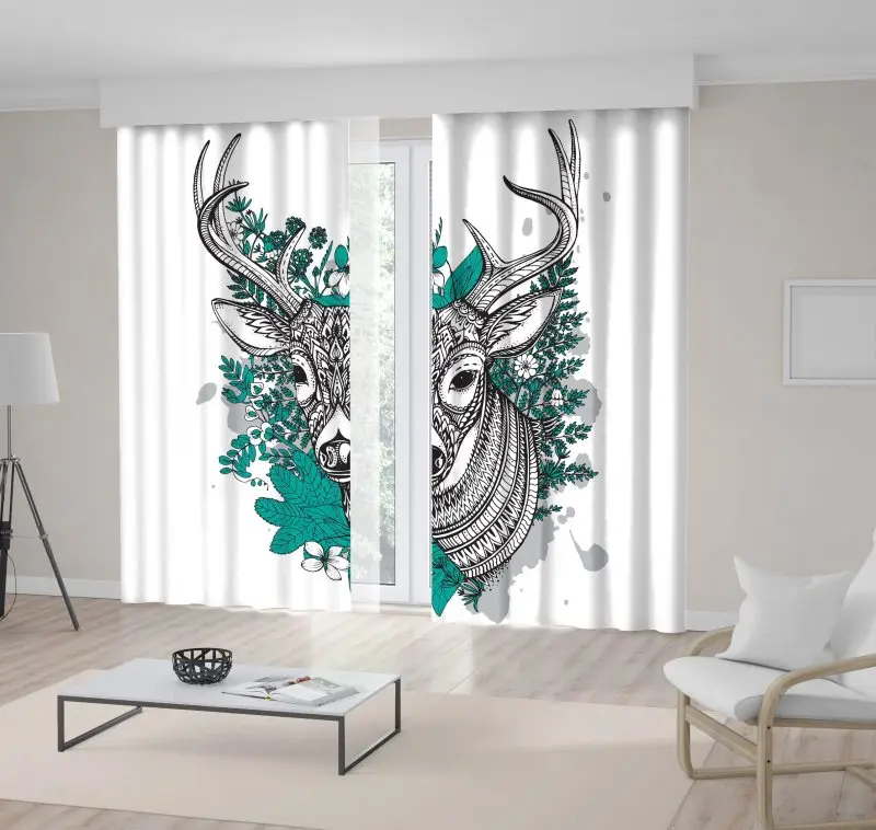 Занавеска дорогая голова в лесу Цветы Листья ветви дерева каракули стиль