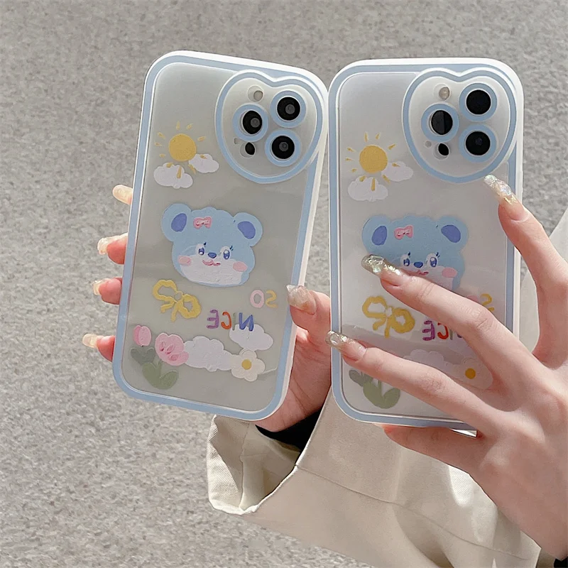 Cute Bear Flower Oil Painting Phone Case For iphone 13 12 11 Pro Max X XR XS Cover Fashion Cartoon Clear Soft Silicone Cases |