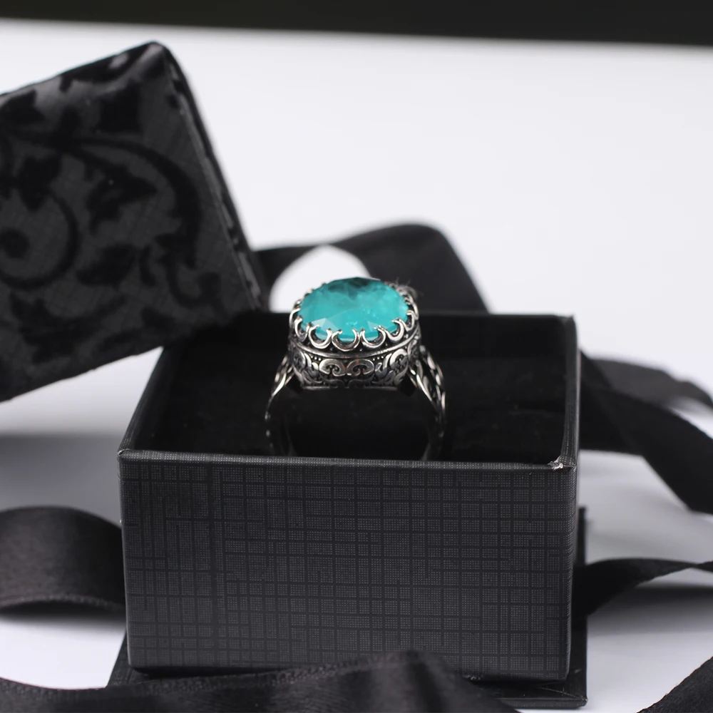 

Handmade Mens Silver Light Blue Tourmaline Ring, Green Large 925 Silver Ring, Silver Handmade Oval Paraiba Tourmaline Ring
