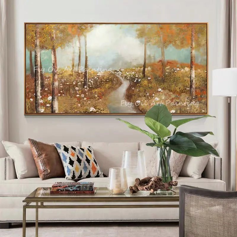 

Gold Foil Tree Forest Outside with river 100% Handmade Large Size Landscape Oil Painting Canvas Handmade oil Painting Decoration