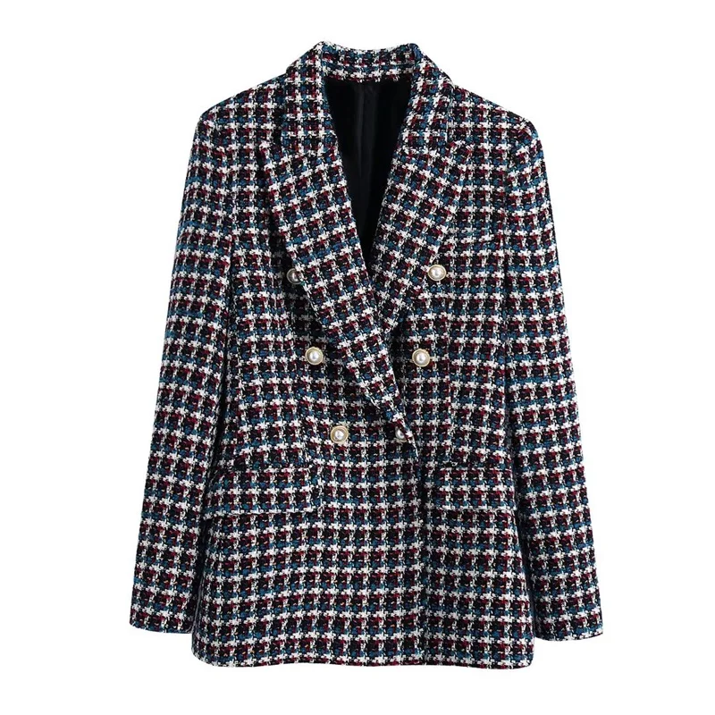 

ZXQJ Women 2021 Fashion Tweed Double Breasted Blazer Coat Vintage Long Sleeve Flap Pockets Female Outerwear Chic Tops