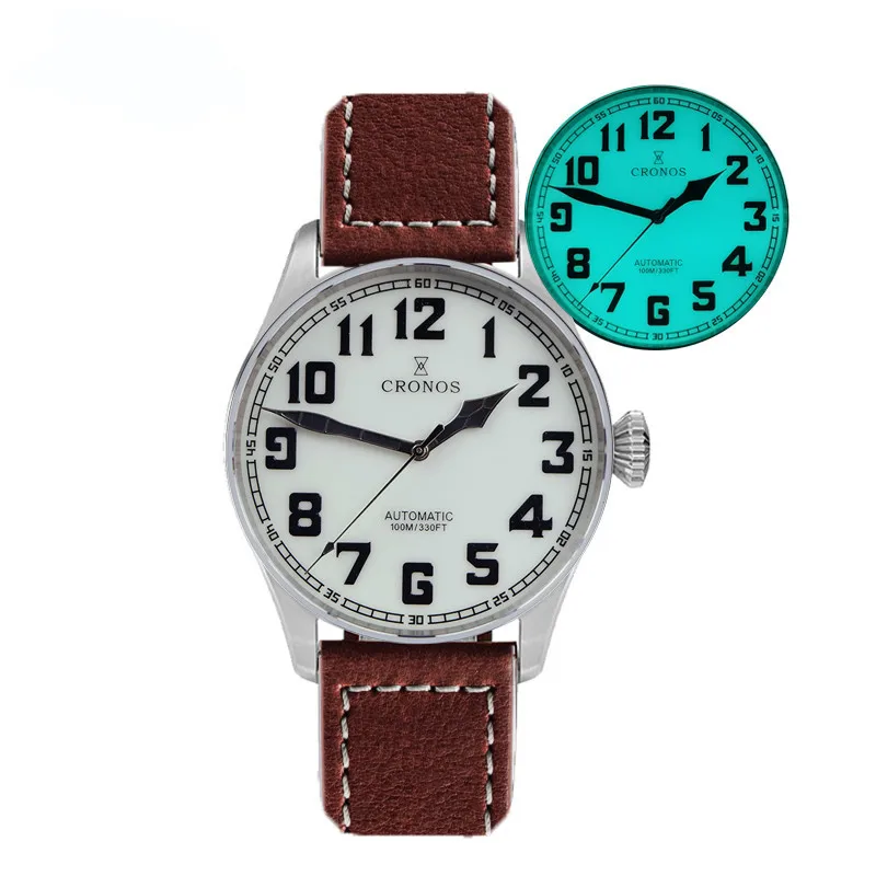 

Cronos Watch Automatic Mechanical Vintage Military Pilot 42mm Blue Full Luminous Dial Sapphire Crystal Skeleton Leather Strap
