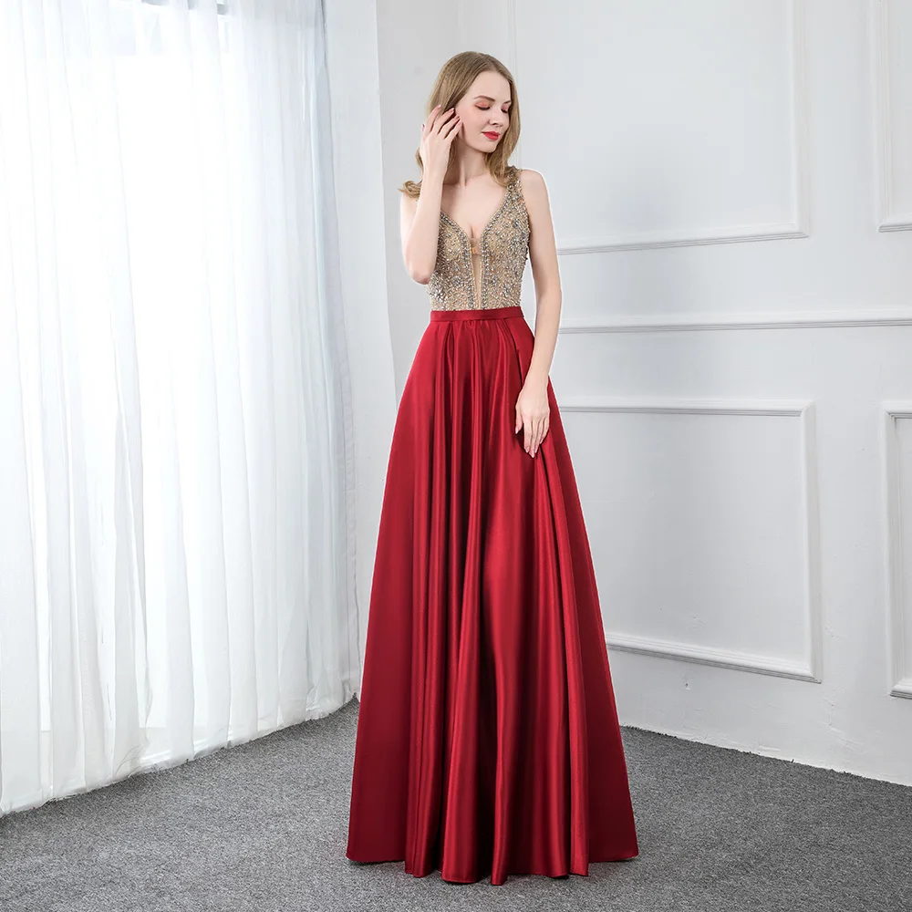 

DressbLee's newly arrived crimson satin evening gown deep V-neck mermaid evening gown vestoido-de-festa formal gown plus size