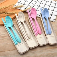 wheat straw dinnerware set flatware kitchen accessories camping travel knife fork spoon portable storage cutlery sets with case
