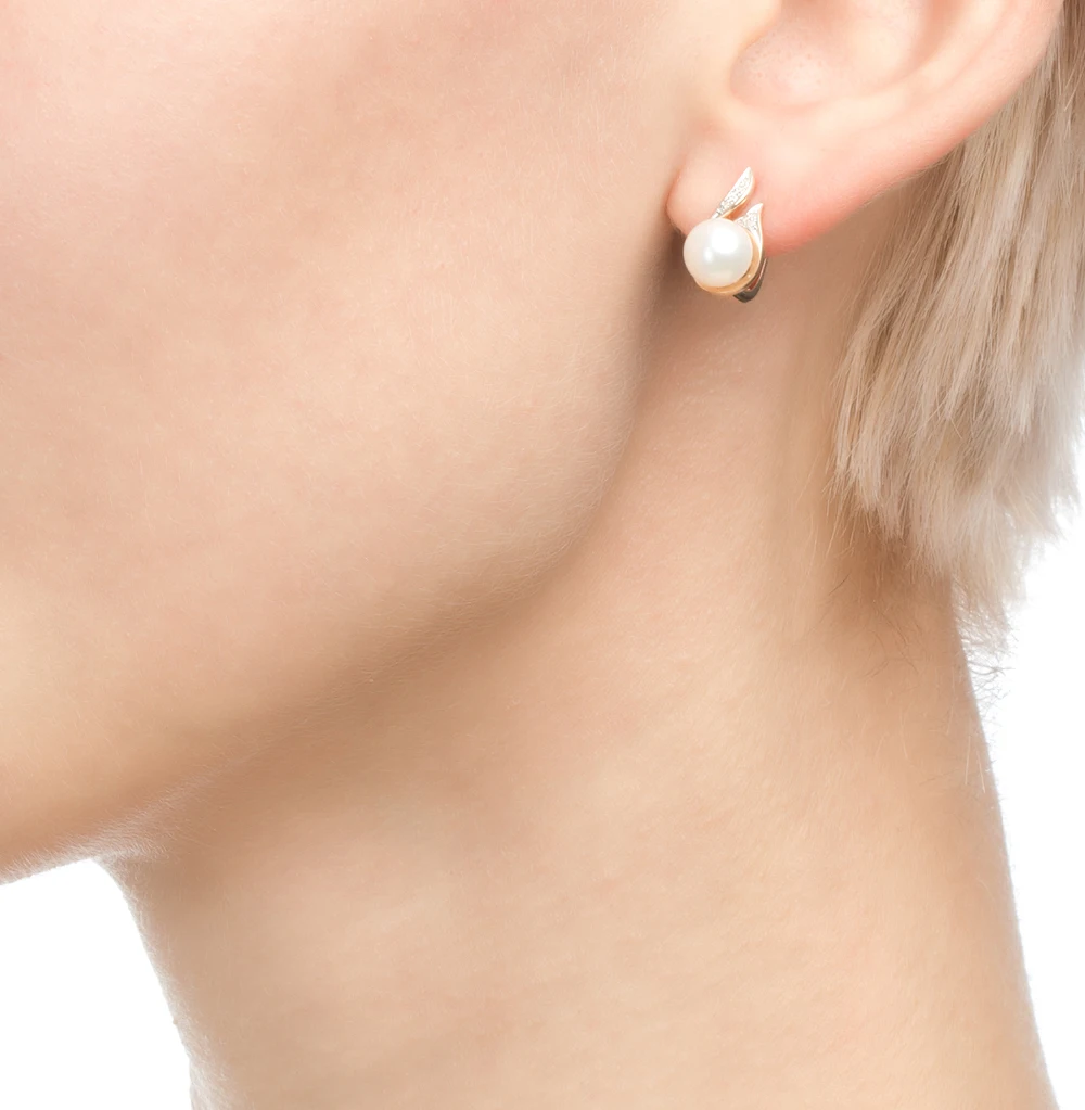 Золотые серьги с жемчугом и бриллиантами SUNLIGHT проба 585 | Украшения аксессуары