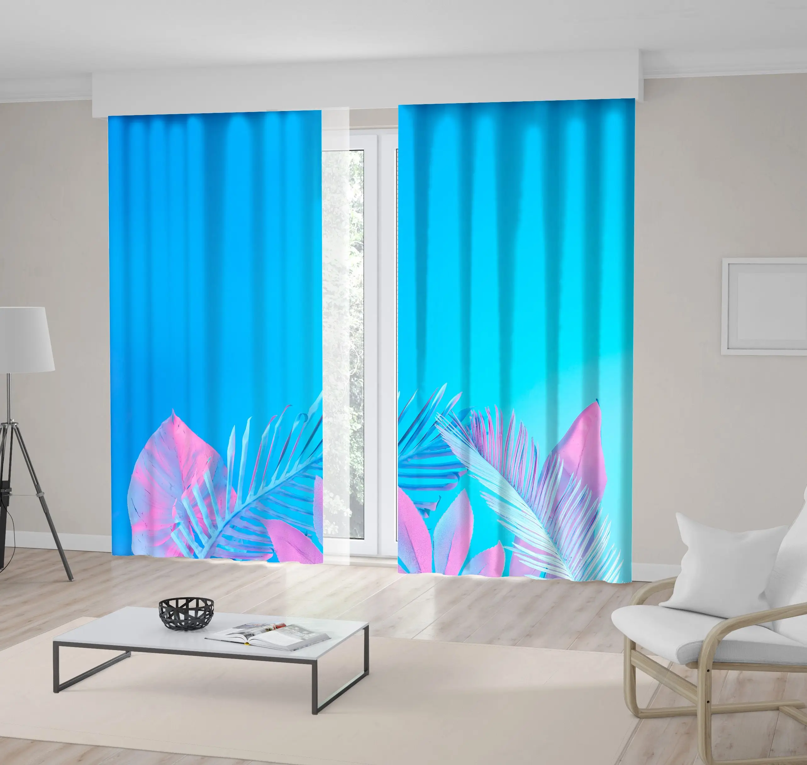 Занавески тропические листья ладони против Чистого неба градиентные