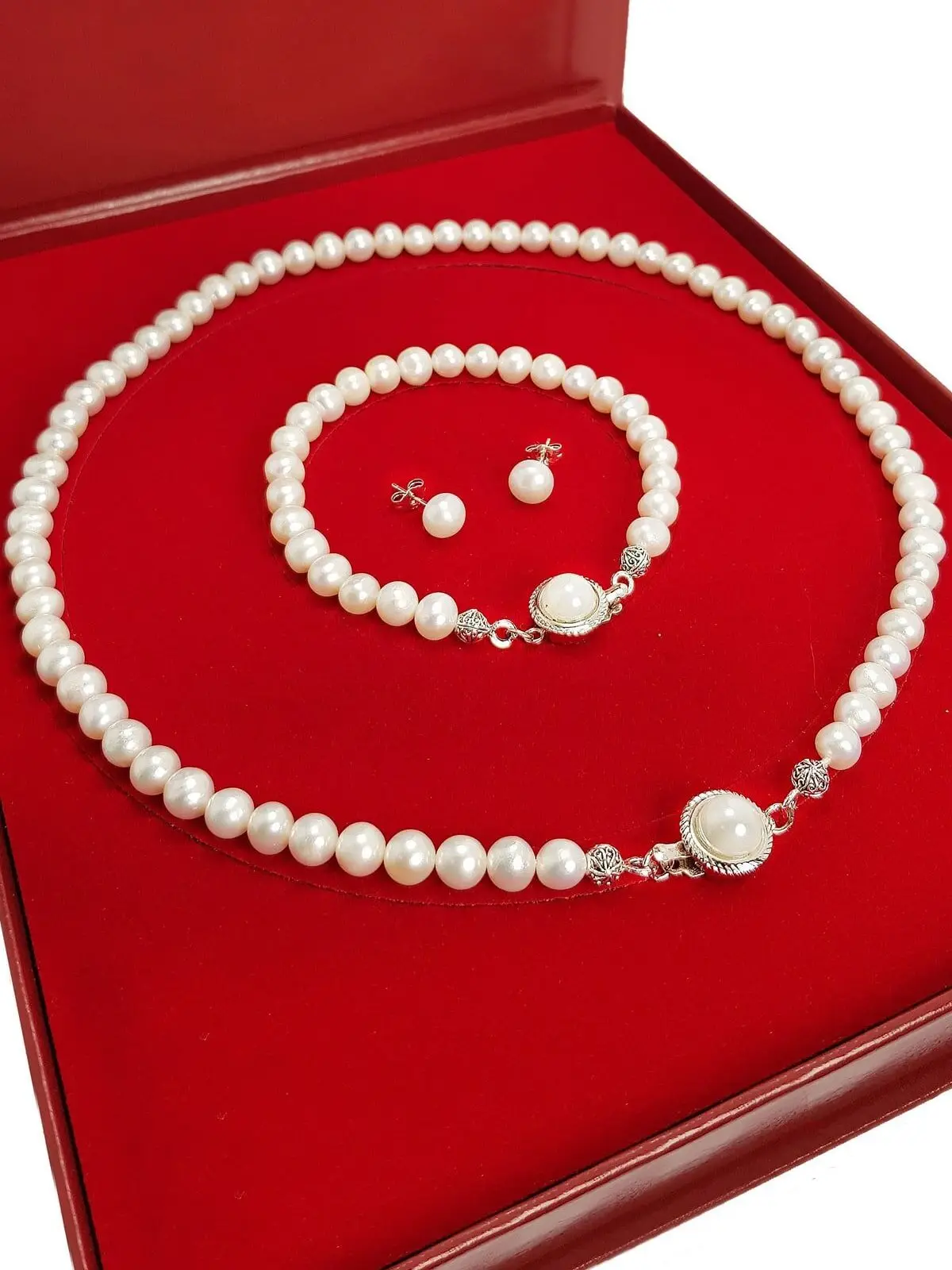 Natural Freshwater Pearls Necklace Earrings Bracelet Special Boxed Jewelry Set Silver Plated Clip 7-8mm Fashion Charms