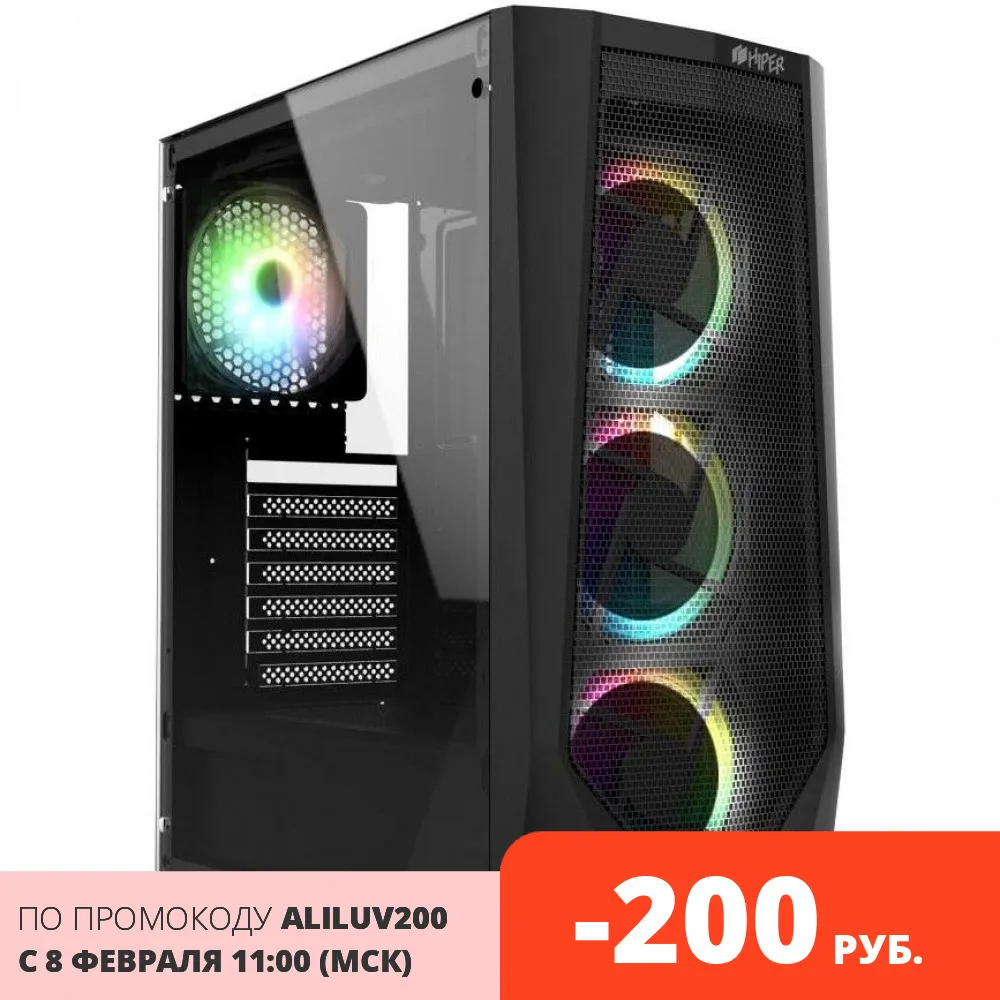 Игровой корпус HIPER ORO-4RGB чёрный (ATX, закаленное стекло, RGB fan 4x120 мм, 1xUSB, HD Audio)