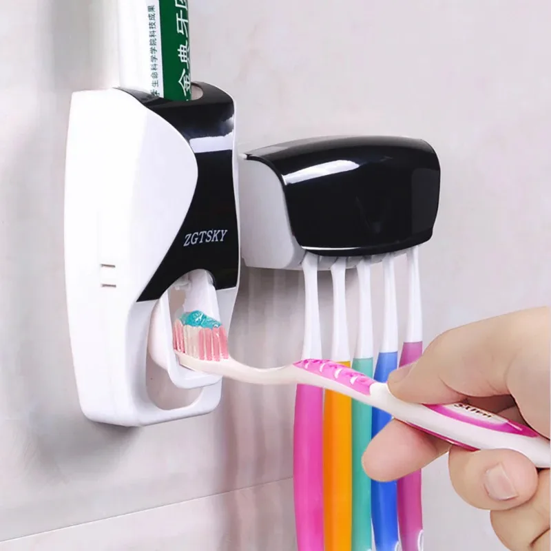 Dispensador autom&aacute;tico de pasta de dientes, soporte de pared a prueba de polvo, estante de almacenamiento, juego de accesorios de ba&ntilde;o, exprimidor-0