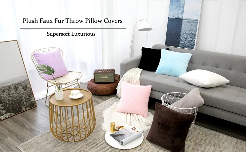 Inyahome Faux Rabbit Fur Luxury Throw Pillow Case Cushion Cover with Zipper Soft Cozy Bedroom Sofa Couch Decor Coussin Canapé