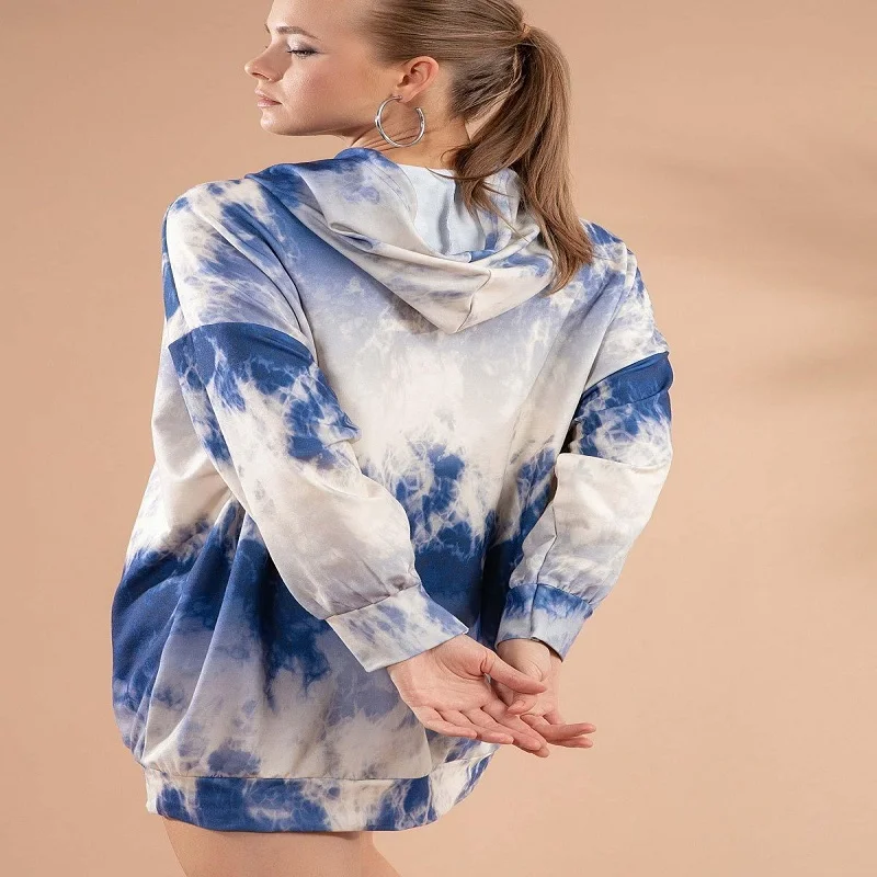 

Women White Navy Printed Hooded Sweatshirts Dress P20W-4125-3