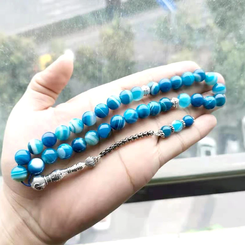 Tasbih 2021 натуральный агат камень молитвенные бусины синий Misbaha 33 постоянно