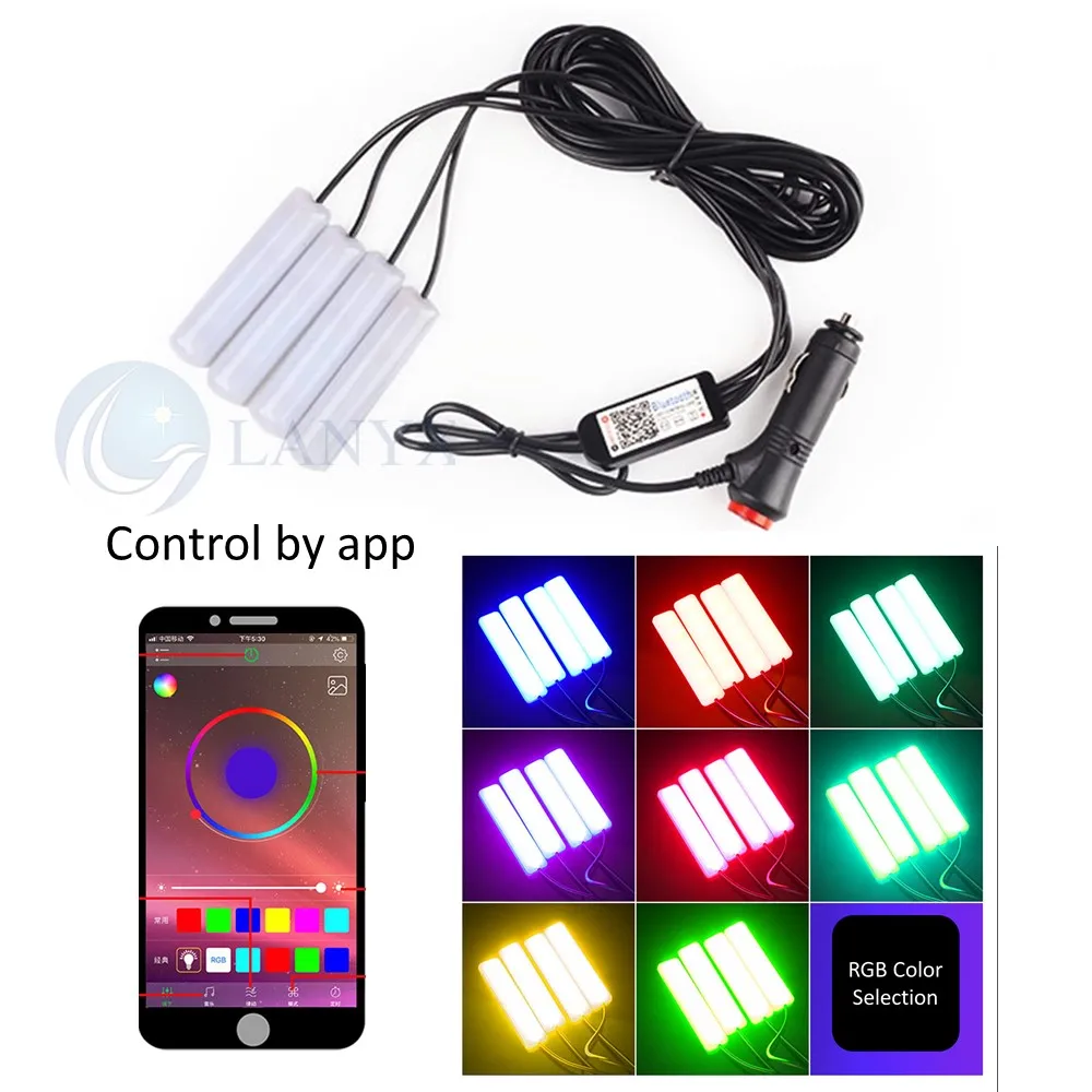 

Car LED Light Bar Stripes Colorful Bluetooth App Controller Under Seat Carpet Interior Atmosphere Ambient Powered By Cigarettes