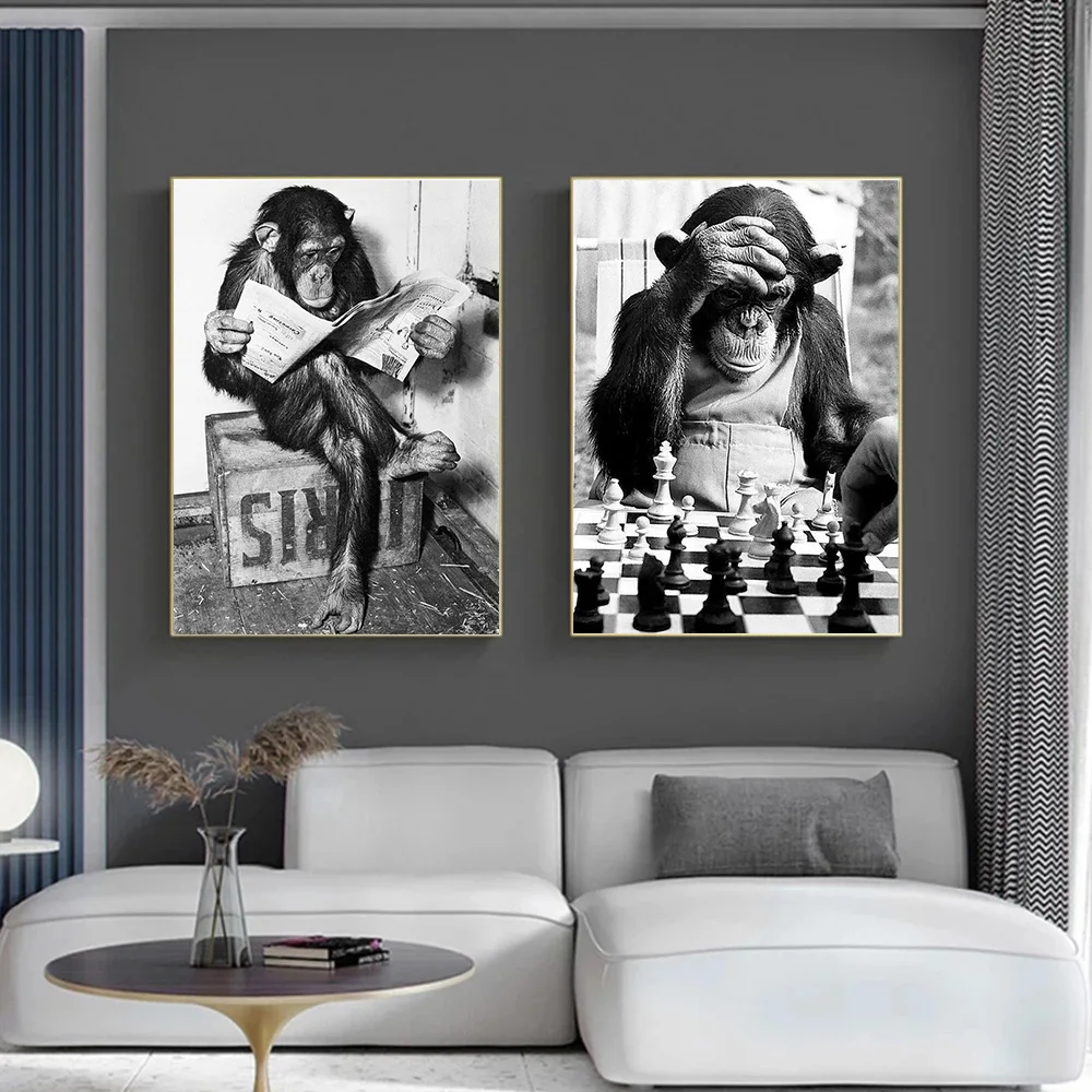 

Black and White Funny Monkey Read Newspaper Play Chess Canvas Painting Poster Prints Wall Art Pictures Living Room Decor Cuadros