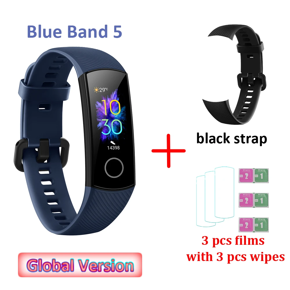 B strap and 3 films Global Versio huawei Honor Band 5 4, умный Браслет, умный браслет, шагомер, сенсорный экран, для плавания, сердечного ритма, сна, монитор - Цвет: B strap and 3 films