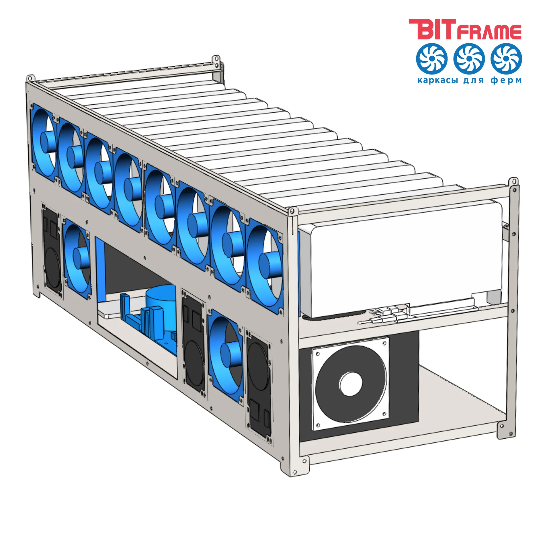 Каркас для майнинга 12 GPU карт (в 1 ряд) корпус стойка майнинг 3d рендер ферма BTC Ethereum
