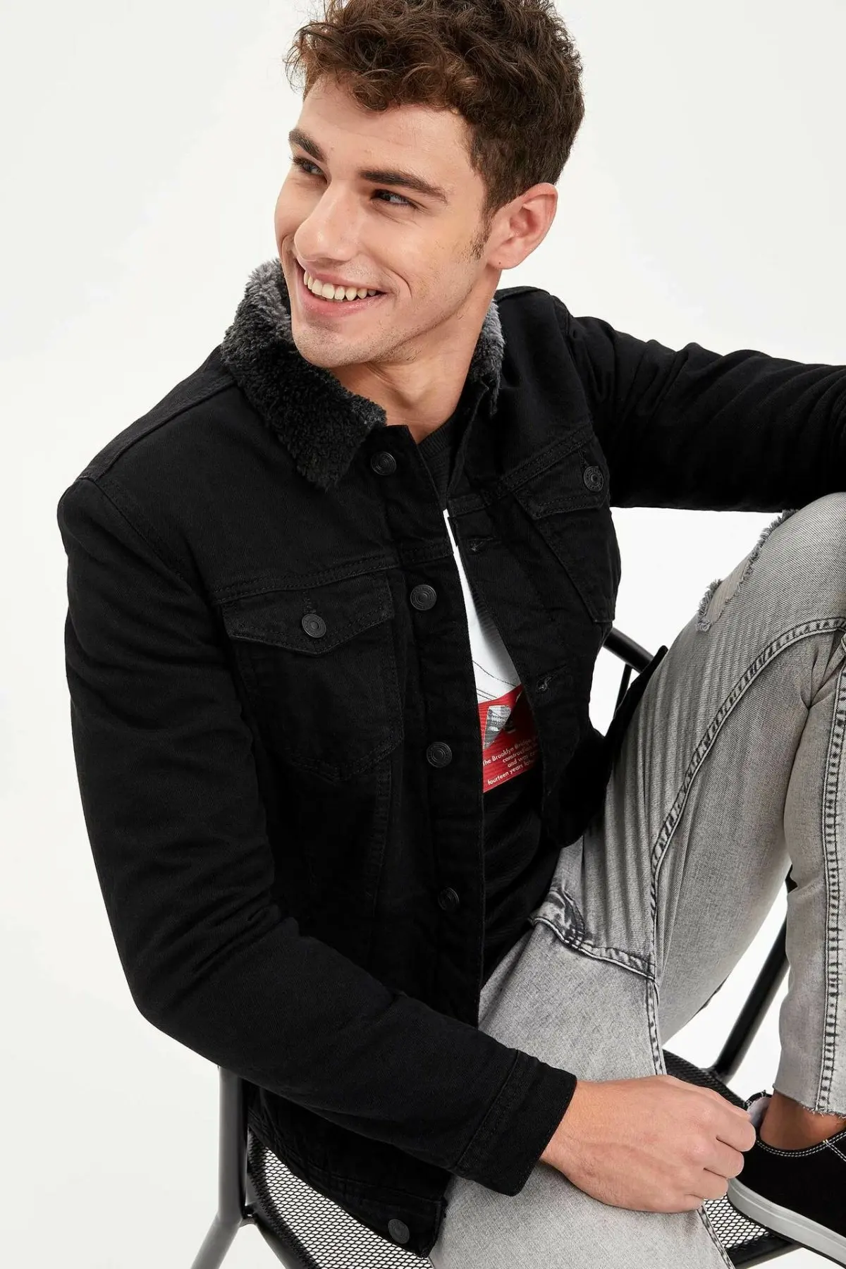 DeFacto мужские модные черные джинсовые куртки с круглым вырезом однотонные