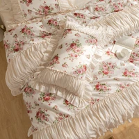 luxury bedding set cotton queen king size korean princess style cream rose pleated flower print duvet cover bed skirt set 4pcs