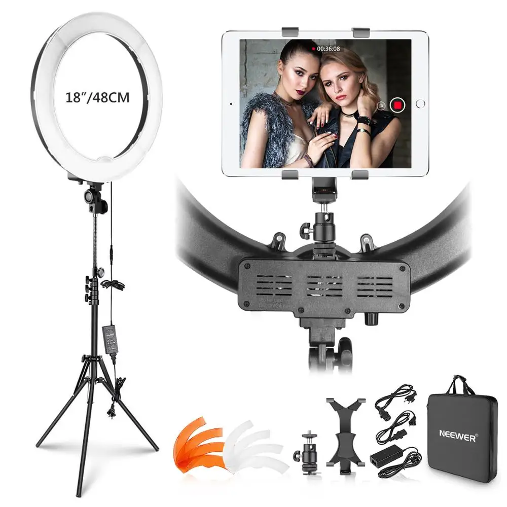 

Neewer Ring Light Kit: 18 inches Outer 55W 5500K Dimmable LED Ring Light with Light Stand /iPad Clamp/Soft Tube/Color Filter