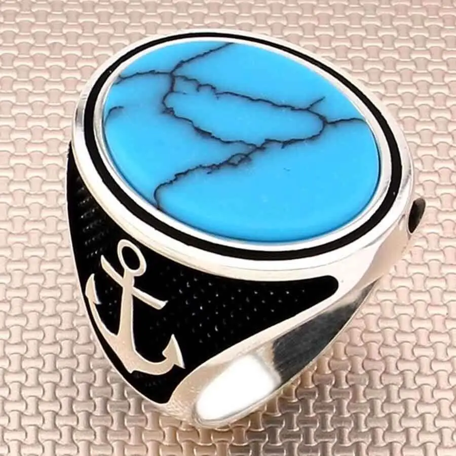 

Anchor Motif Turquoise Turquoise Stone Silver Men's Ring Fashion Turkish Premium Quality Handmade Jawelery
