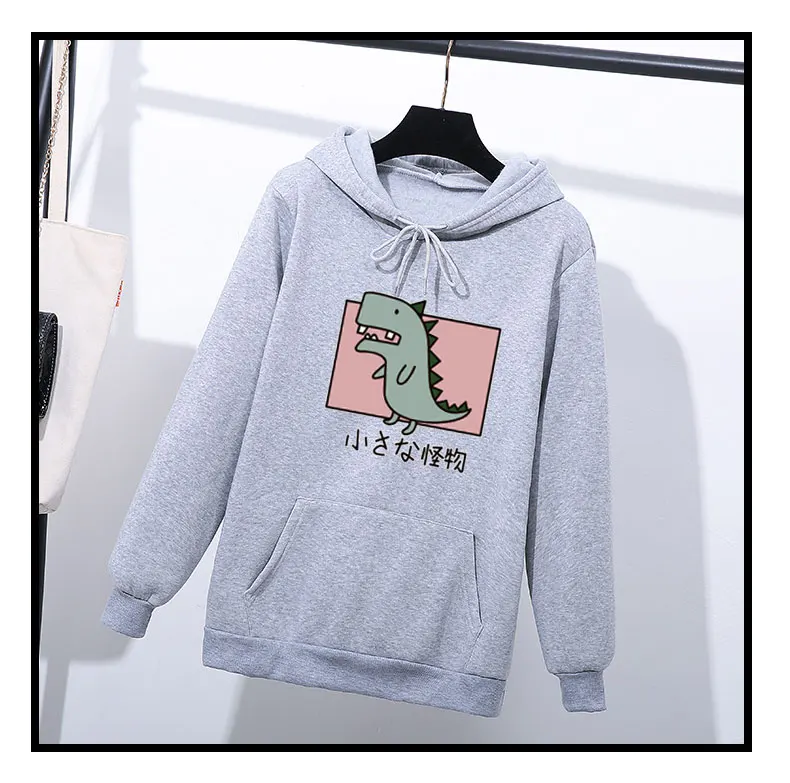 light grey Харадзюку толстовки с принтом динозавра из мультфильма Женская толстовка с капюшоном и длинным рукавом осенне-зимний женский пуловер толстовка с капюшоном для женщин Япония - Цвет: light grey