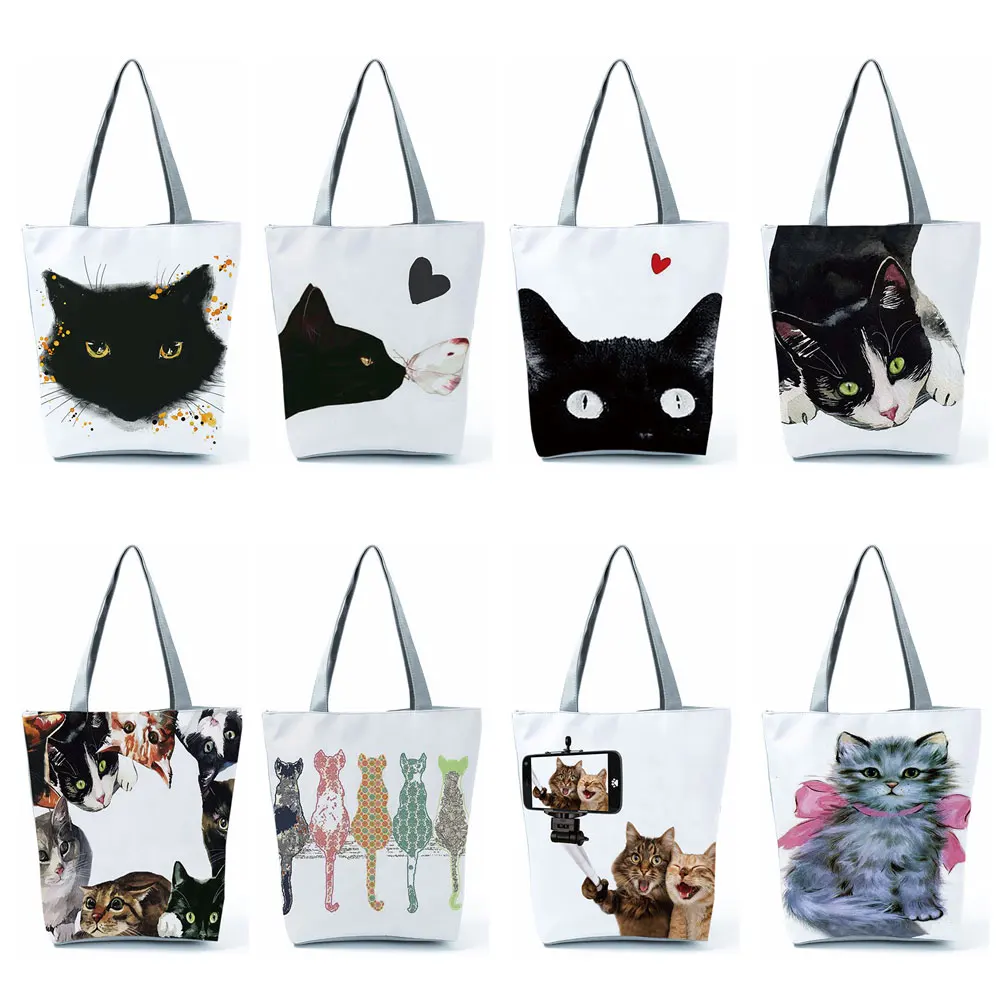 Customize Handbgas Cute Watercolor Black Cat Painting Womens Designer Tote Eco Reusable Shopping Shopper Bags School Book Bag