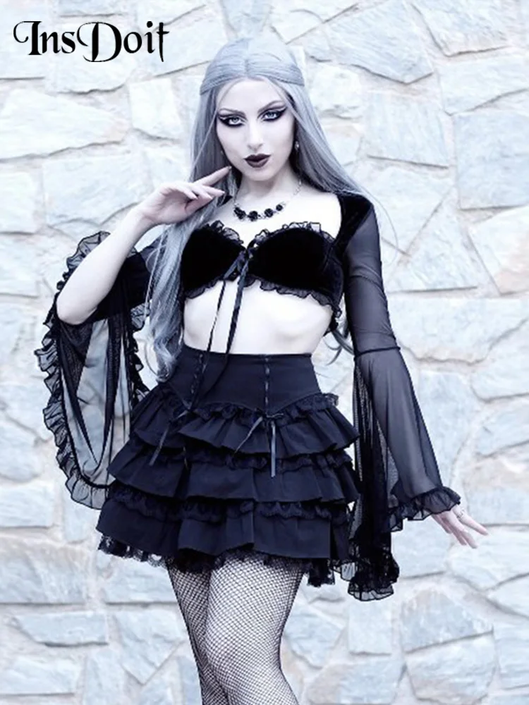 

Женский бархатный корсет InsDoit, черный сетчатый топ с рукавами-фонариками и оборками в стиле Харадзюку