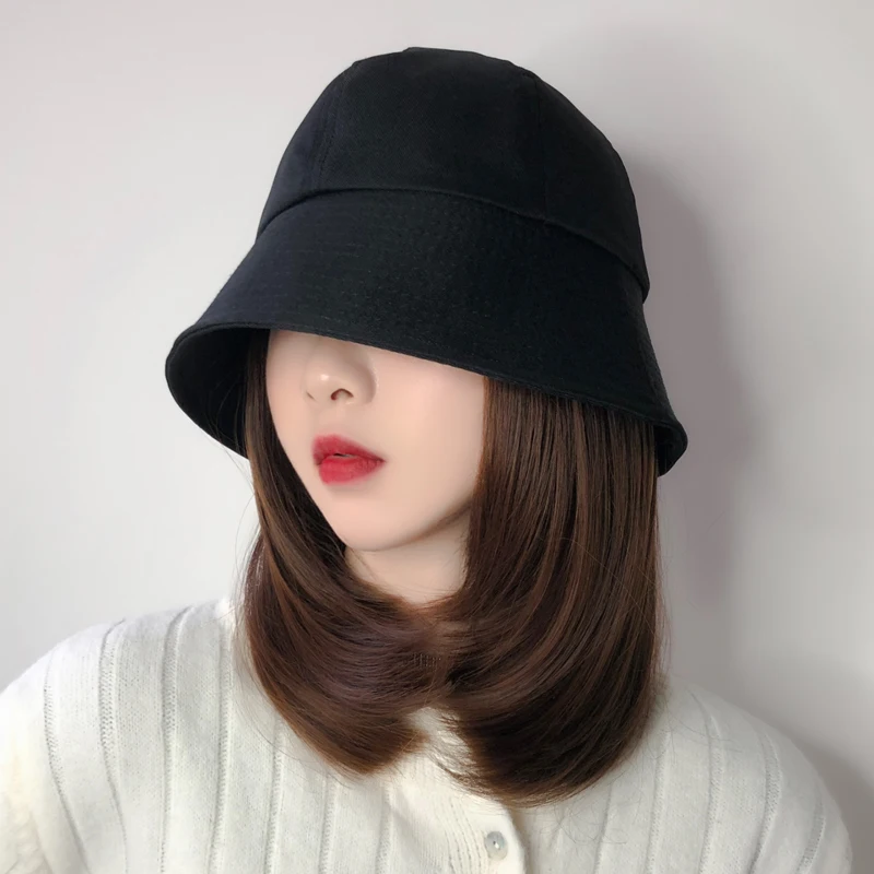 High Temperature Fiber Synthetic Knitted Fisherman Bucket Hat Long Curls Wig Adjustable Natural Fake Hair for Women Sun Hat