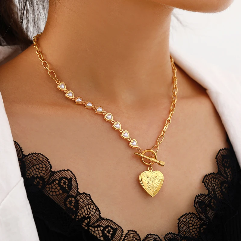 

Trendy Heart Pearl Necklace For Women Stainless Steel Necklaces Female Heart Pendant Link Chain Europe and America Girl Jewelry