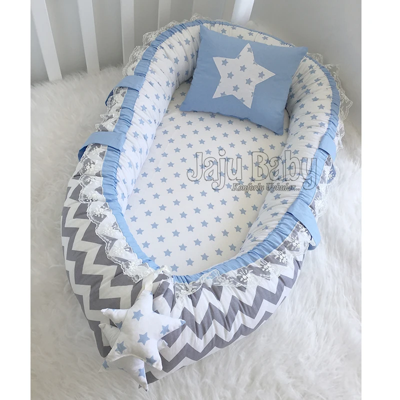 

Jaju Baby Handmade Gray Zigzag Blue Star Luxury Orthopedic Babynest 100x60 Baby Bedding Portable Crib Travel Bed Newborn
