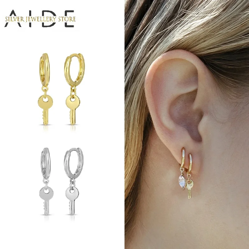 

AIDE Personalized Key Pendientes Hoop Earrings For Women Girl Punk INS Glossy Pierced Earings Silver 925 Jewelry Gift kolczyki