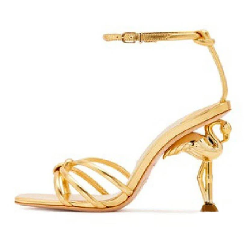 Ladies Spring Flamingo Heel Unique Heel Sandals Fashion Sexy High Heels Plus Size  Shoes Gold Black Mix Color Buckle  Sandals 43