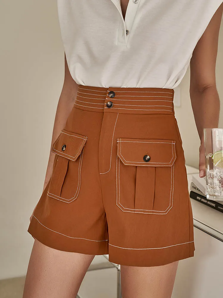 

BerryGo Casual loose A-line wide-leg shorts women Fashion high waist pocket shorts Elegant solid straight new bottoms 2022 Sping