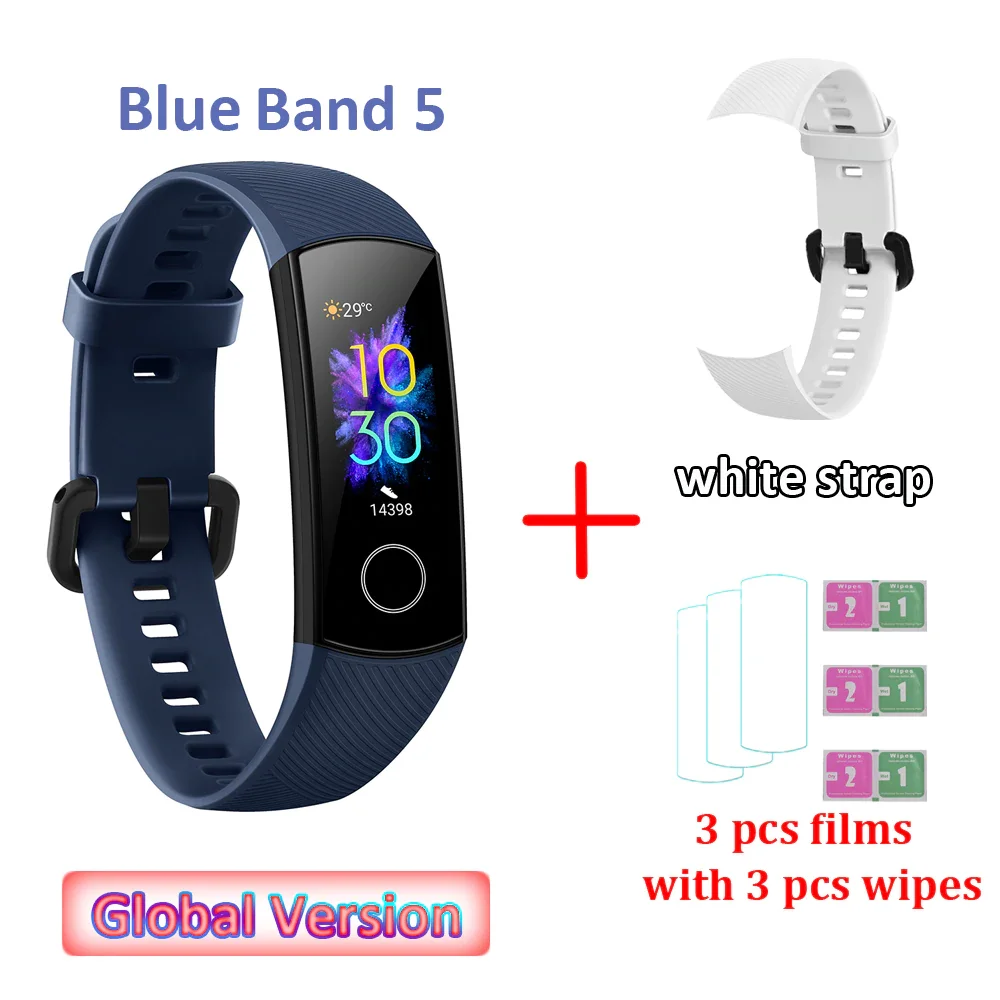 W strap and 3 films Global Versio huawei Honor Band 5 4, умный Браслет, умный браслет, шагомер, сенсорный экран, для плавания, сердечного ритма, сна, монитор - Цвет: W strap and 3 films