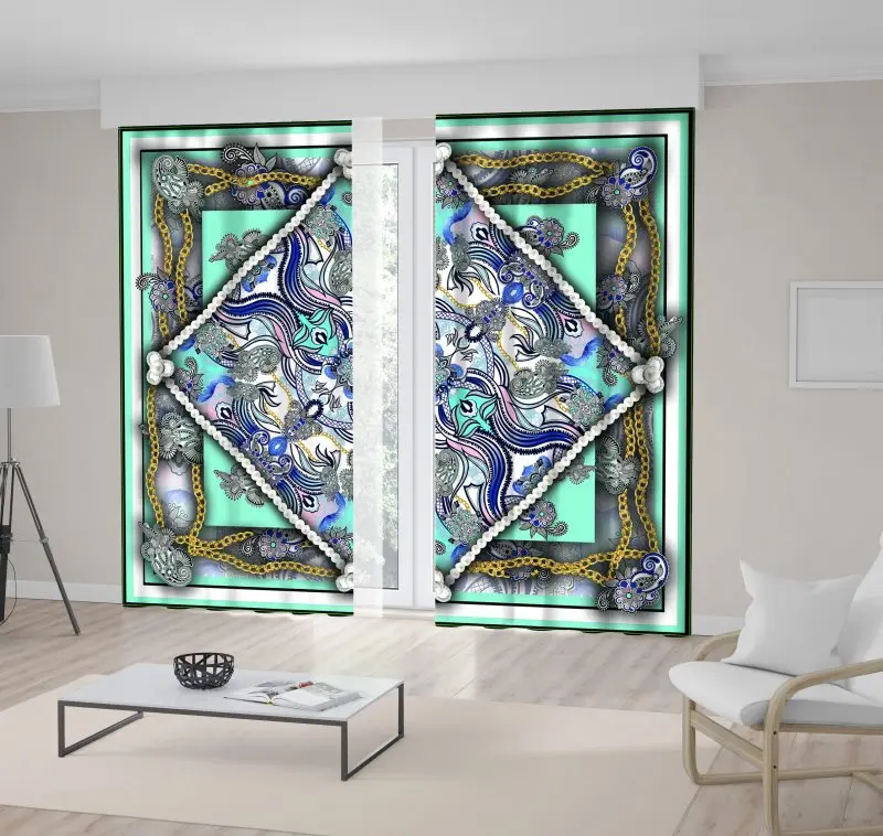 

Curtain of Classic Floral Curvy Lines Gold Chain Patterns Scarf Fabric Design Printed Blue Green Yellow