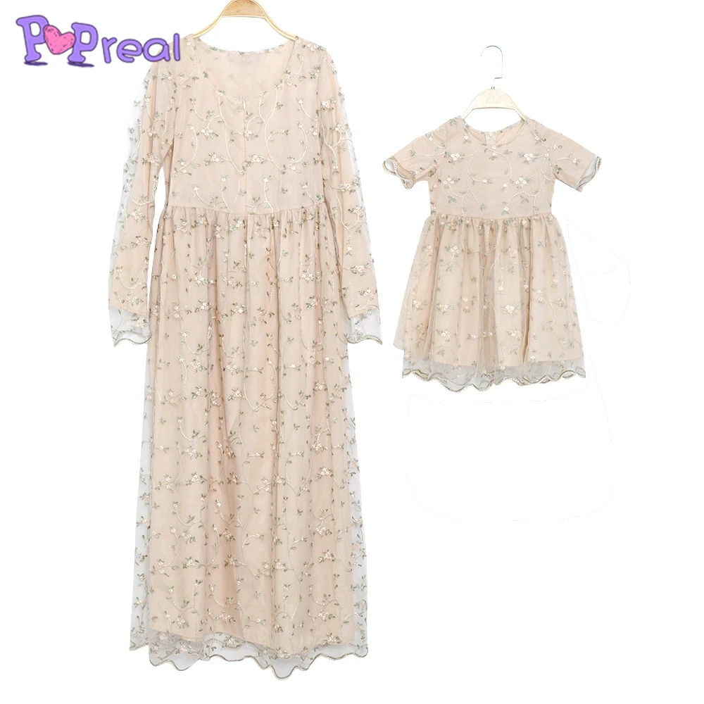 

PopReal Parent-Child Outfit Family Matching Outfits Floral Embroidery Dress Mom And Daughter Skirt Mini Mother Dress Mesh