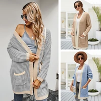 womens fashion contrast color cardigan casual long sweater jacket side pocket long sleeve cardigan top sweater