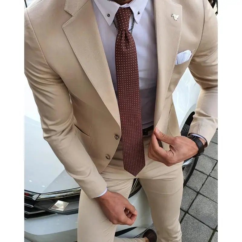 Tailor Made Beige Mens Formal Suit Notched Lapel Two Button Wedding Tuxedos Groom Wear 2 Pieces Male Costume Jacket Pants