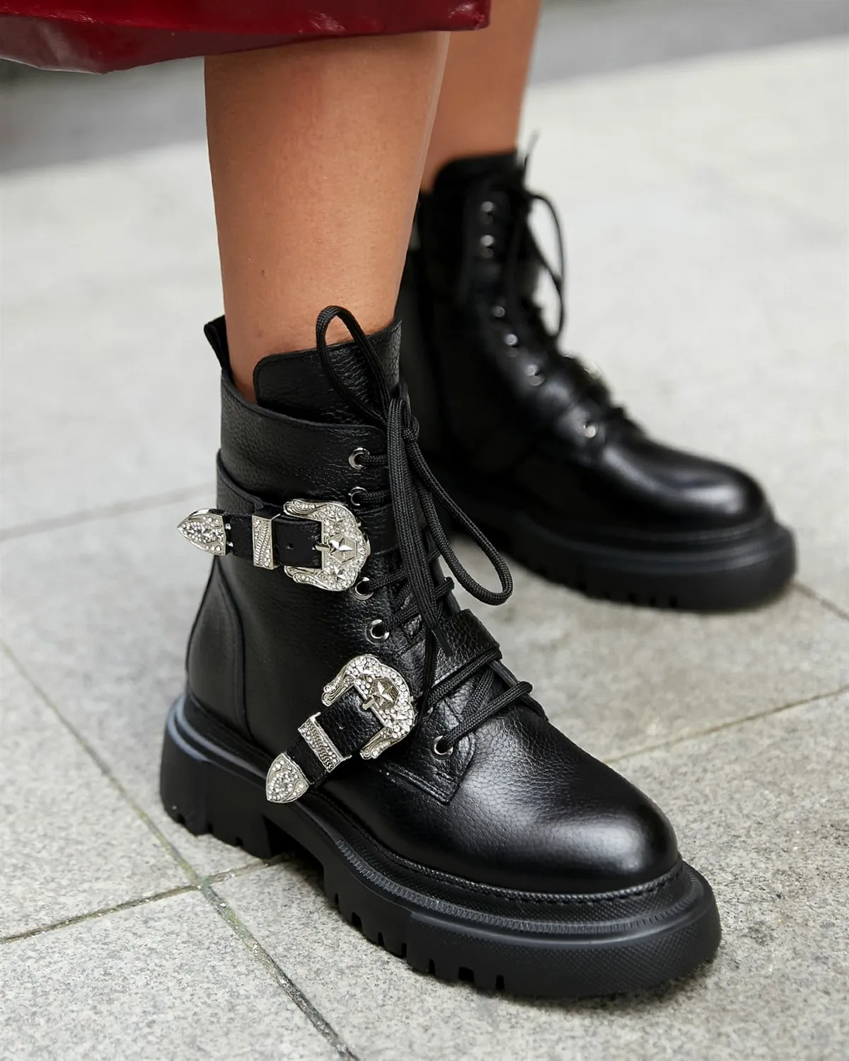 

Boots Shoes for women 2021 Black Genuine Leather Buckle Detail Boots Winter Female Platform Botas de Mujer Designer Shoes Goth