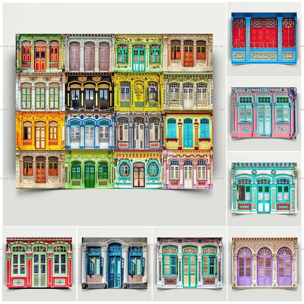 

The Colorful House Wall Art Modern Architecture Canvas Painting Singapore Shophouse Architecture Poster Print Travel Art Posters