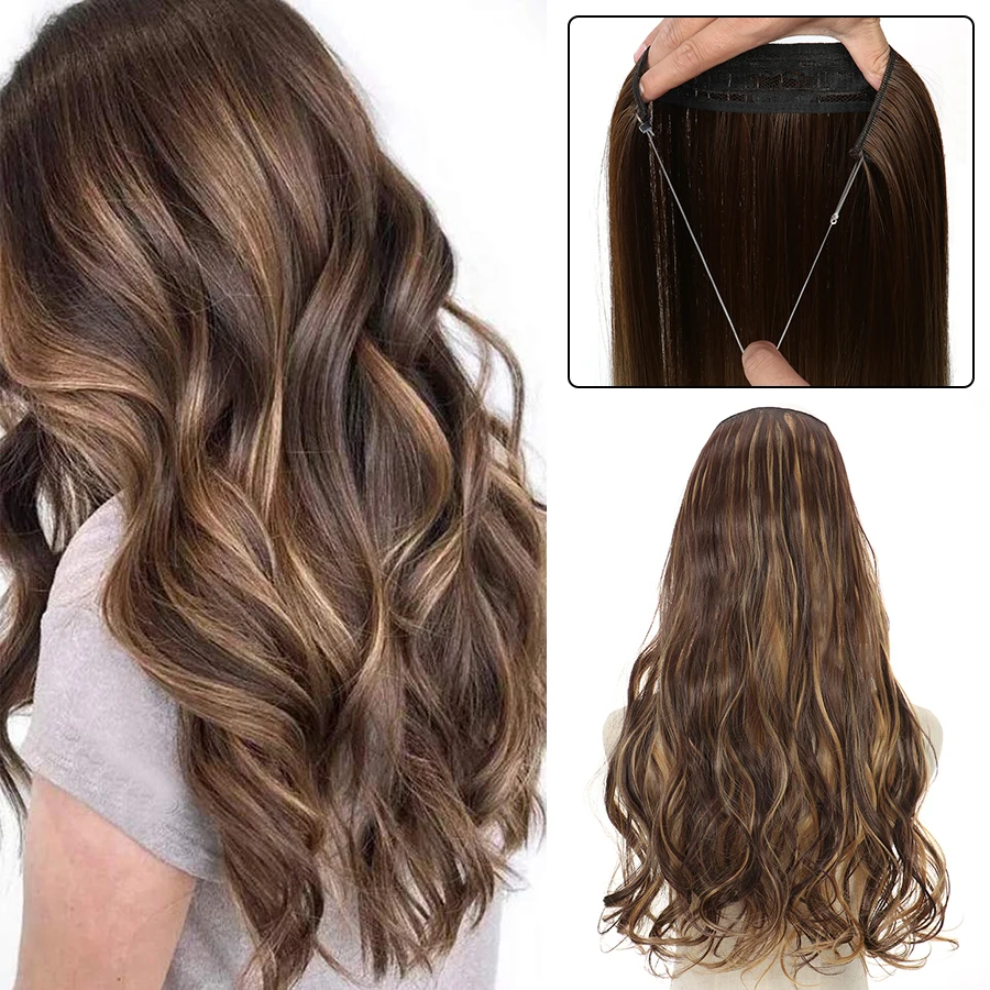 

Synthetic Wavy Halo Hair Extensions 22" No Clip In Artificial Fake Ombre Blonde Brown Black Pink Red Wavy False Hair Piece