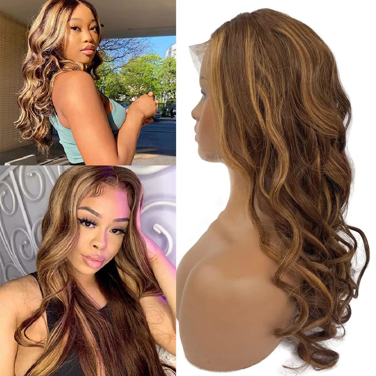 Highlight Wavy Lace Front Wigs Ombre Colored 4/27 Glueless Wigs Pre Plucked 13x4 Free Part Curly Body Wave Human Hair Lace Wig