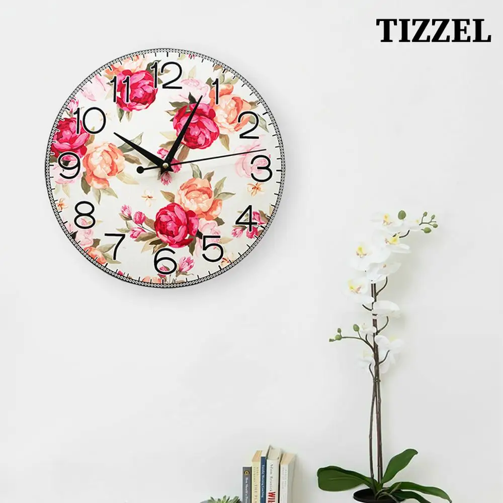 Часы настенные Peonies TIZZEL Wall Clock Wood Vintage Modern Design Antique Style For Home Living Room Kitchen 30 cm | Дом и сад