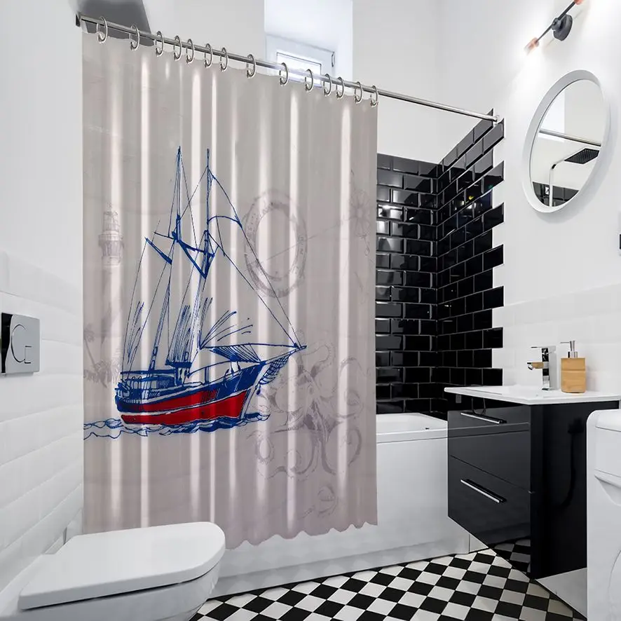 Занавеска для душа Парусник в Море Осьминог кольцо с компасом буй Маяк Морской