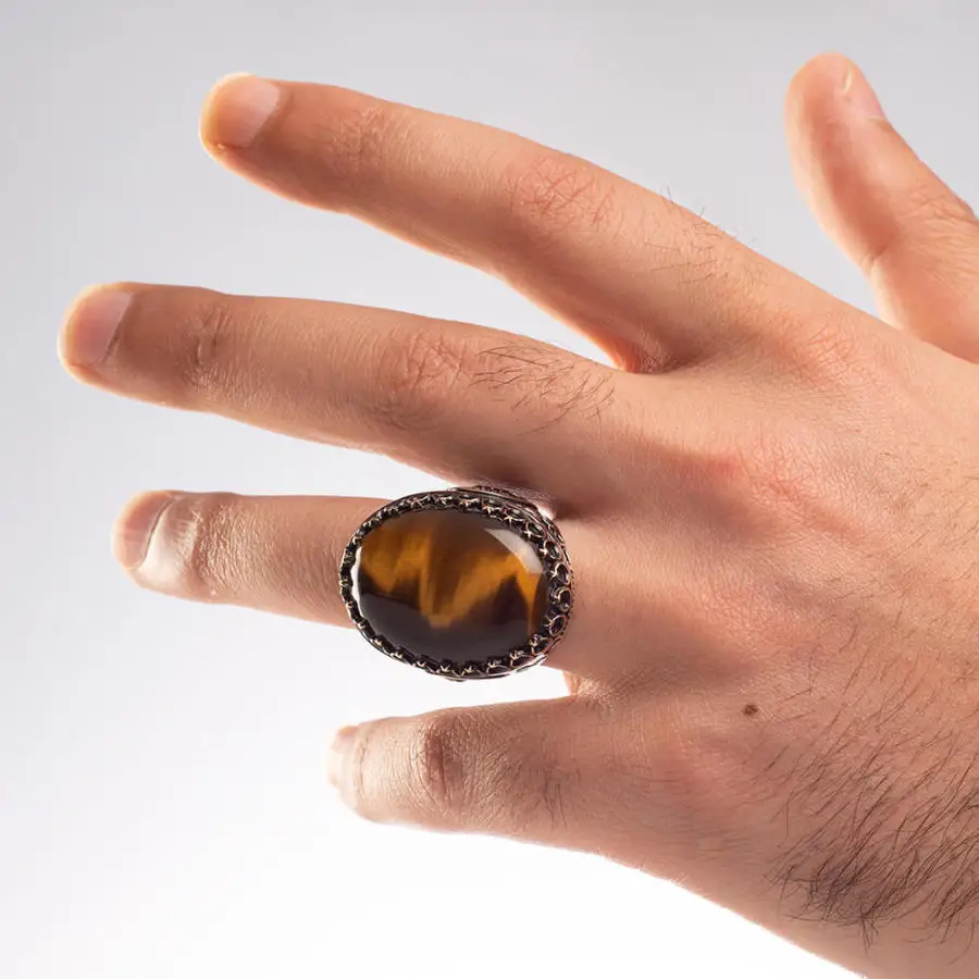 Bague en pierres précieuses Big Tiger Eyes pour hommes, nar, sculpté à la main, style armoiries, haute qualité, à la mode